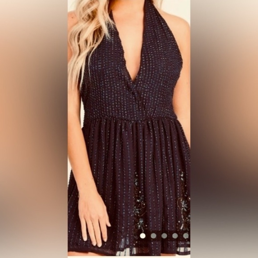 New Altar'd State Raven Beaded Sequin Backless  Halter Cocktail Mini Dress Black